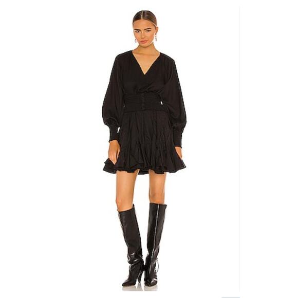 Rhode Olivia Black Smocked Waist Mini Dress XS NWT Long Sleeve Ruffle Hem - Picture 2 of 9